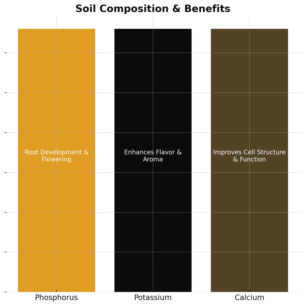 Bar chart indicating minerals in Costa Rica's volcanic soil and their benefits.